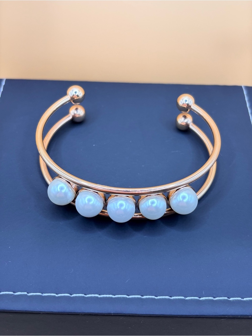 Classic Glass Pearl Accent Cuff Bracelet - Gold Tone - Picture 3 of 8